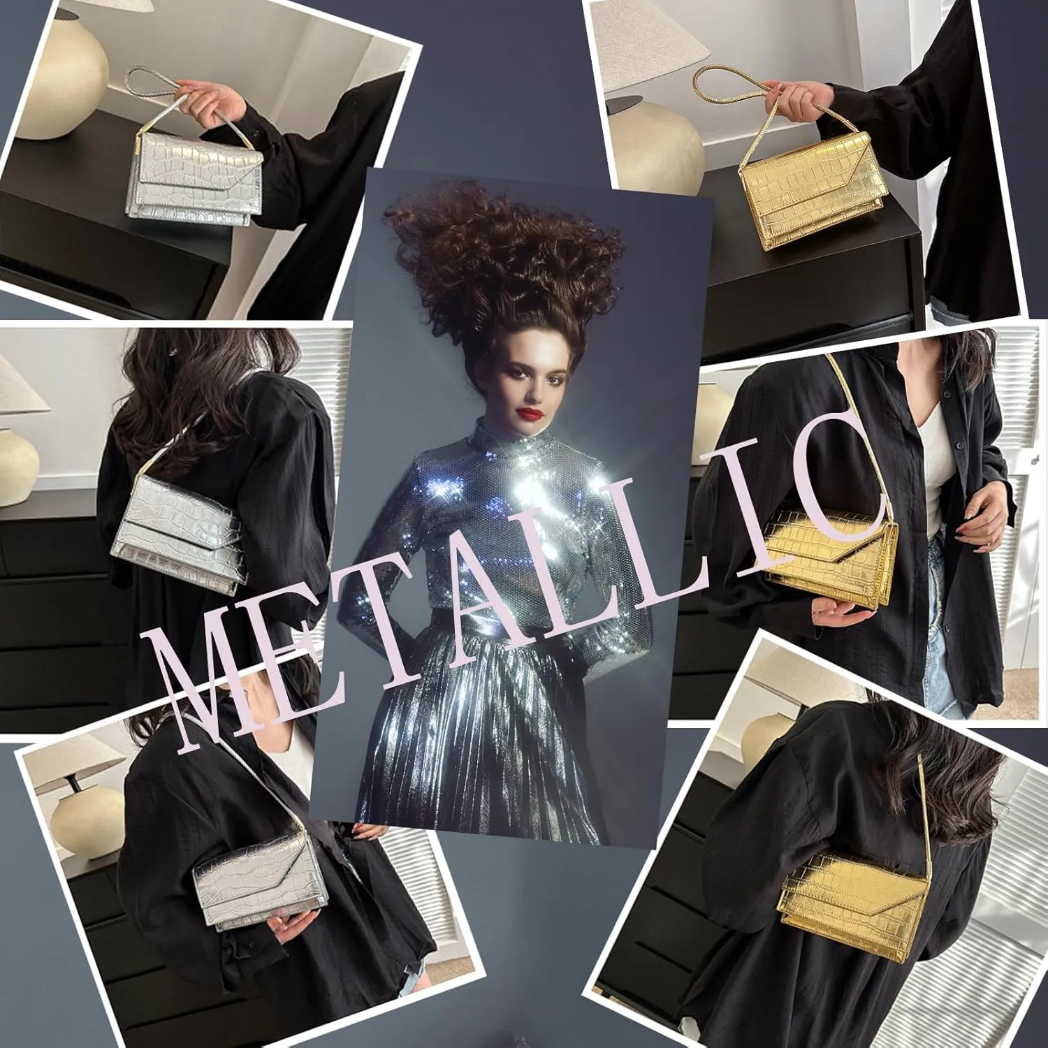 Silver Bag Evening Clutch Bag Sparkly Satchel Patent Leather Y2K Handbag Crossbody Metallic Purses for Party.