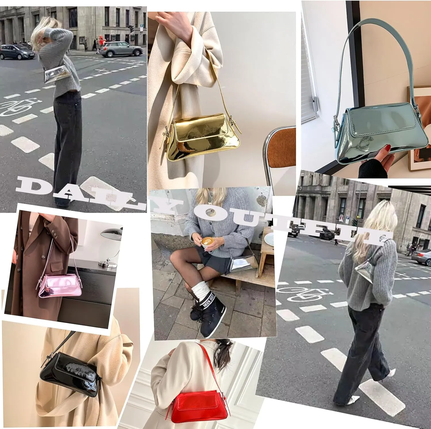 Silver Bag Evening Clutch Bag Sparkly Satchel Patent Leather Y2K Handbag Crossbody Metallic Purses for Party.