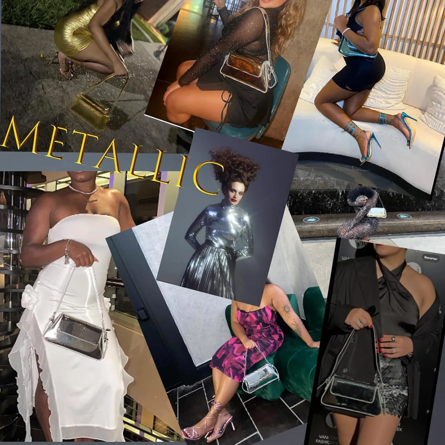 Silver Bag Evening Clutch Bag Sparkly Satchel Patent Leather Y2K Handbag Crossbody Metallic Purses for Party.