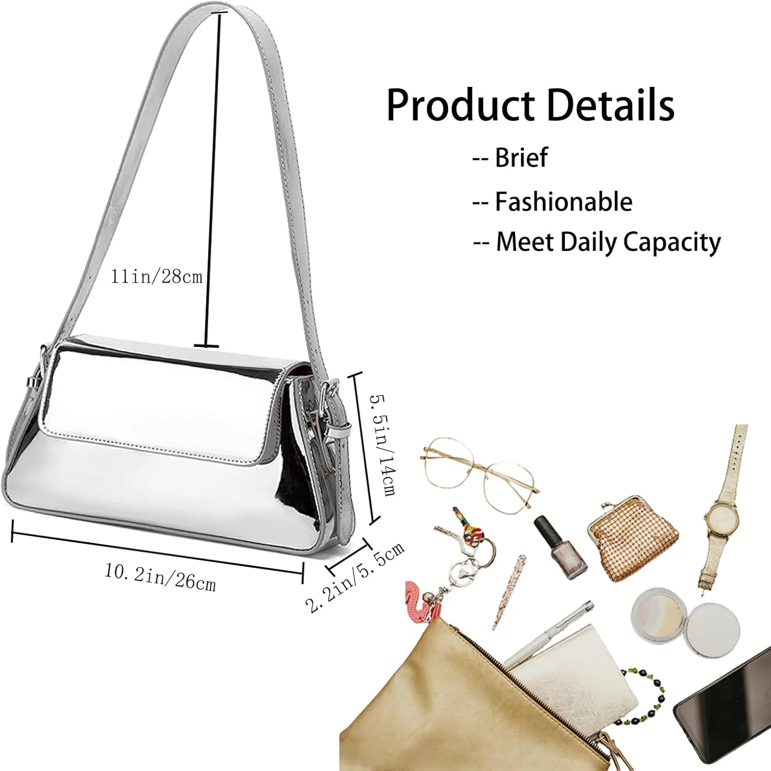 Silver Bag Evening Clutch Bag Sparkly Satchel Patent Leather Y2K Handbag Crossbody Metallic Purses for Party.