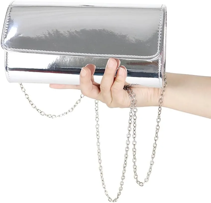 Silver Metallic Purse Flap Dazzling Small Clutch Bag Evening Bag With Detachable Chain