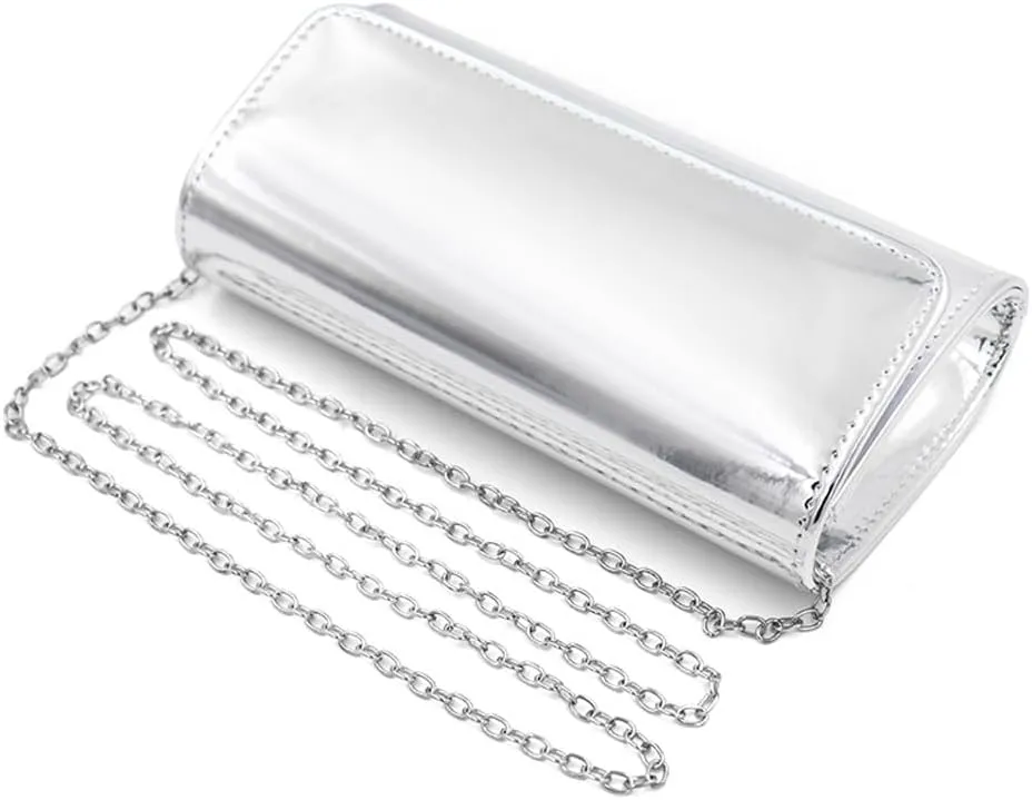 Silver Metallic Purse Flap Dazzling Small Clutch Bag Evening Bag With Detachable Chain