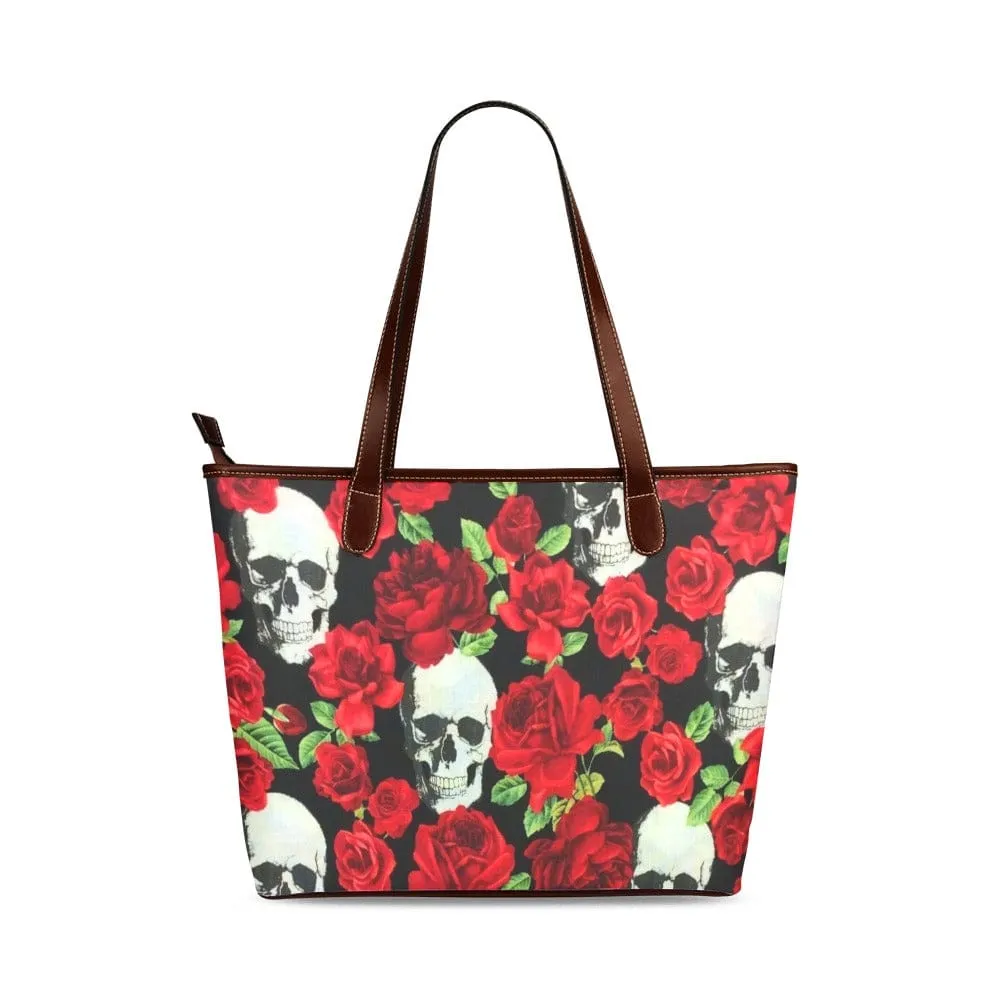 Skull Red Roses Shoulder Tote Bag