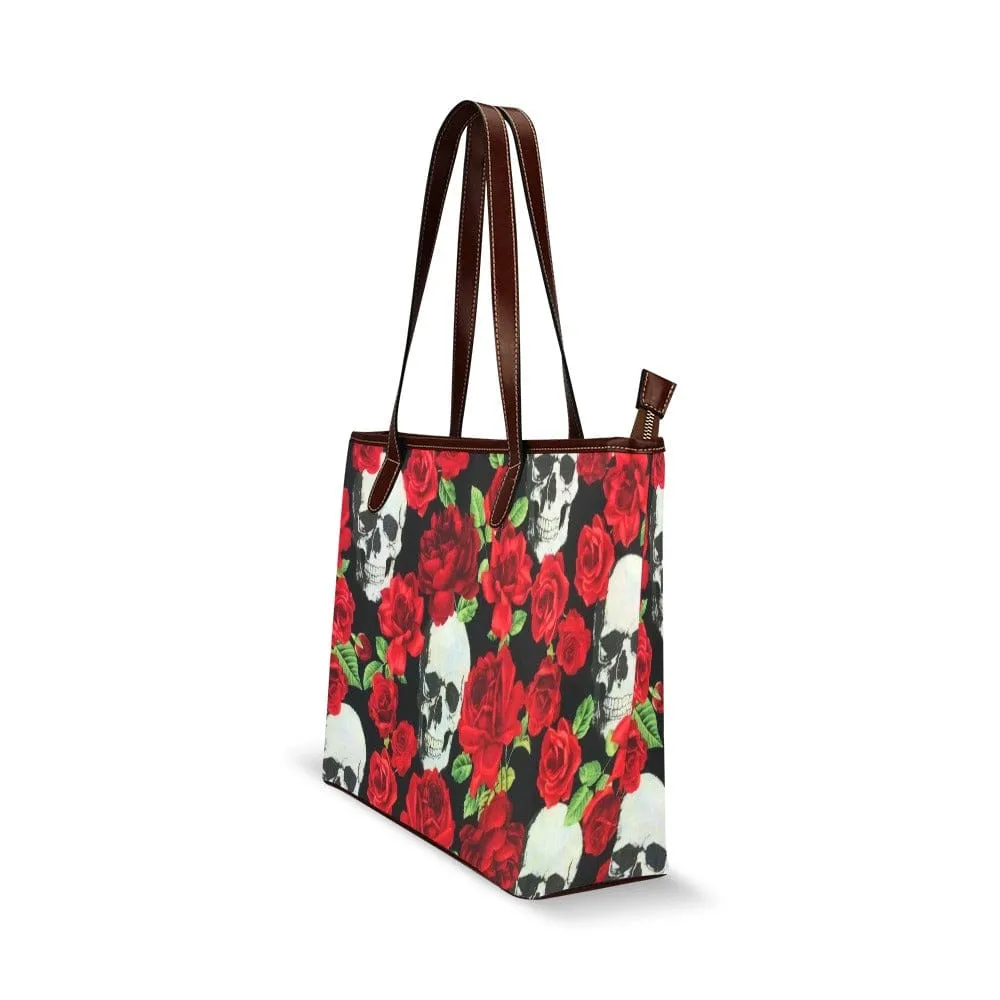 Skull Red Roses Shoulder Tote Bag