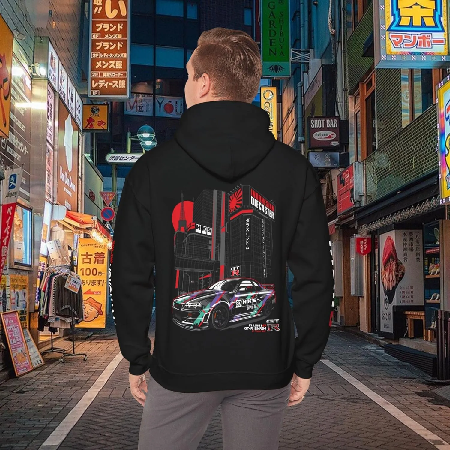 Skyline R34 HKS GTR Premium Hoodie - Skyline Pullover, Racing Apparel, Streetwear, Gift for Him, Automotive Clothing