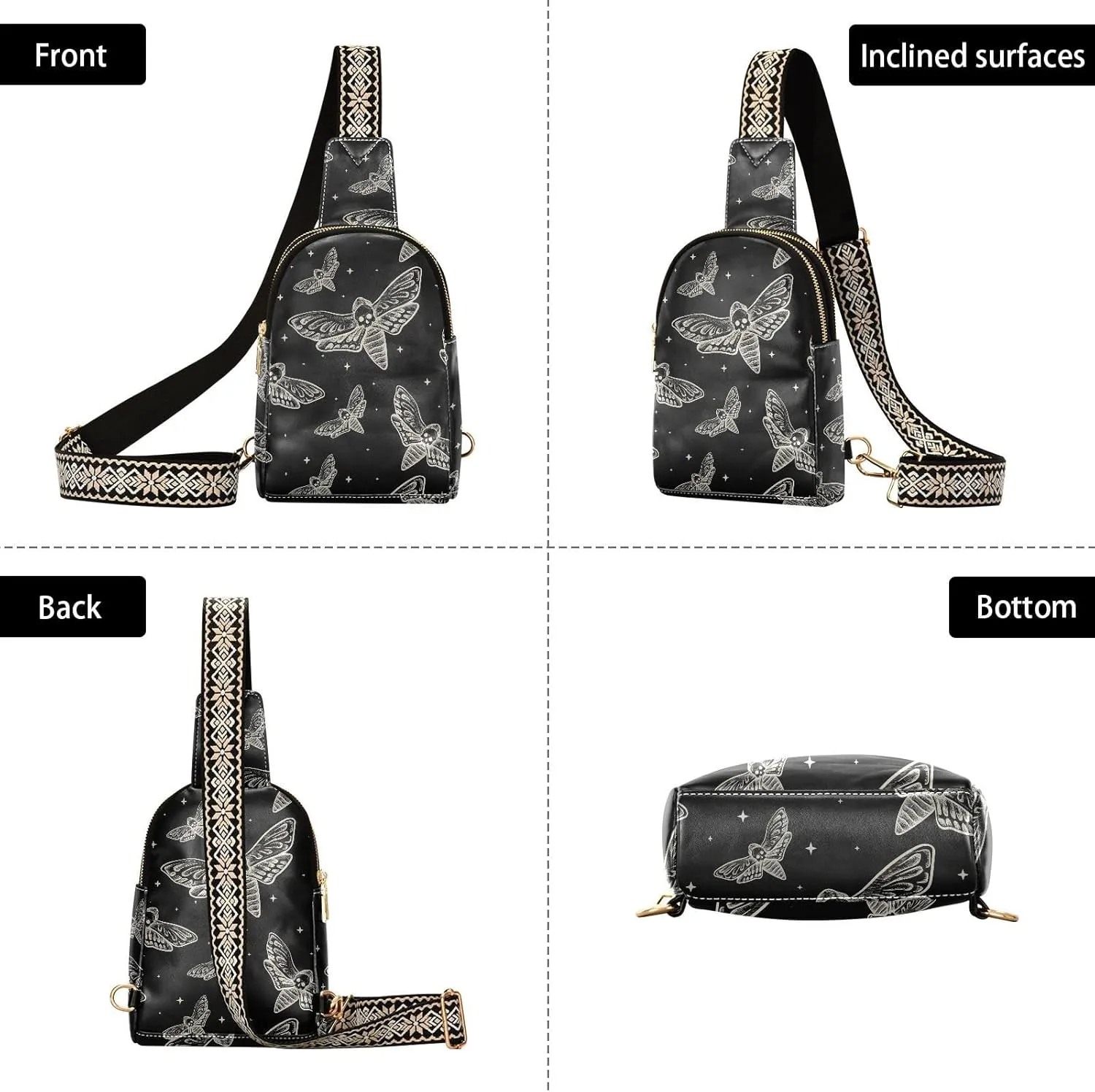 Sling Bag For Women Gothic Skull Butterfly Moth Small Leather Fanny Pack Crossbody Purses for Women Trendy,waterproof Chest Bag With Wide Strap with Adjustable Strap Anti Theft