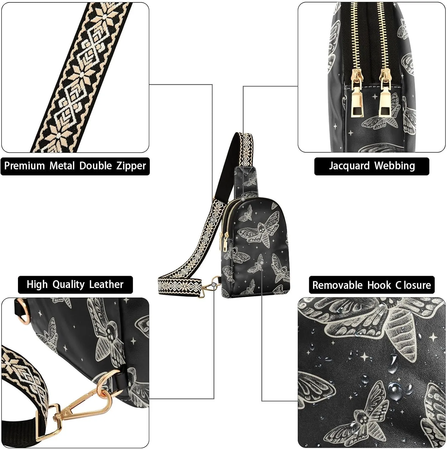 Sling Bag For Women Gothic Skull Butterfly Moth Small Leather Fanny Pack Crossbody Purses for Women Trendy,waterproof Chest Bag With Wide Strap with Adjustable Strap Anti Theft