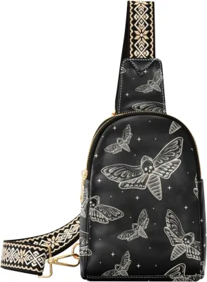 Sling Bag For Women Gothic Skull Butterfly Moth Small Leather Fanny Pack Crossbody Purses for Women Trendy,waterproof Chest Bag With Wide Strap with Adjustable Strap Anti Theft
