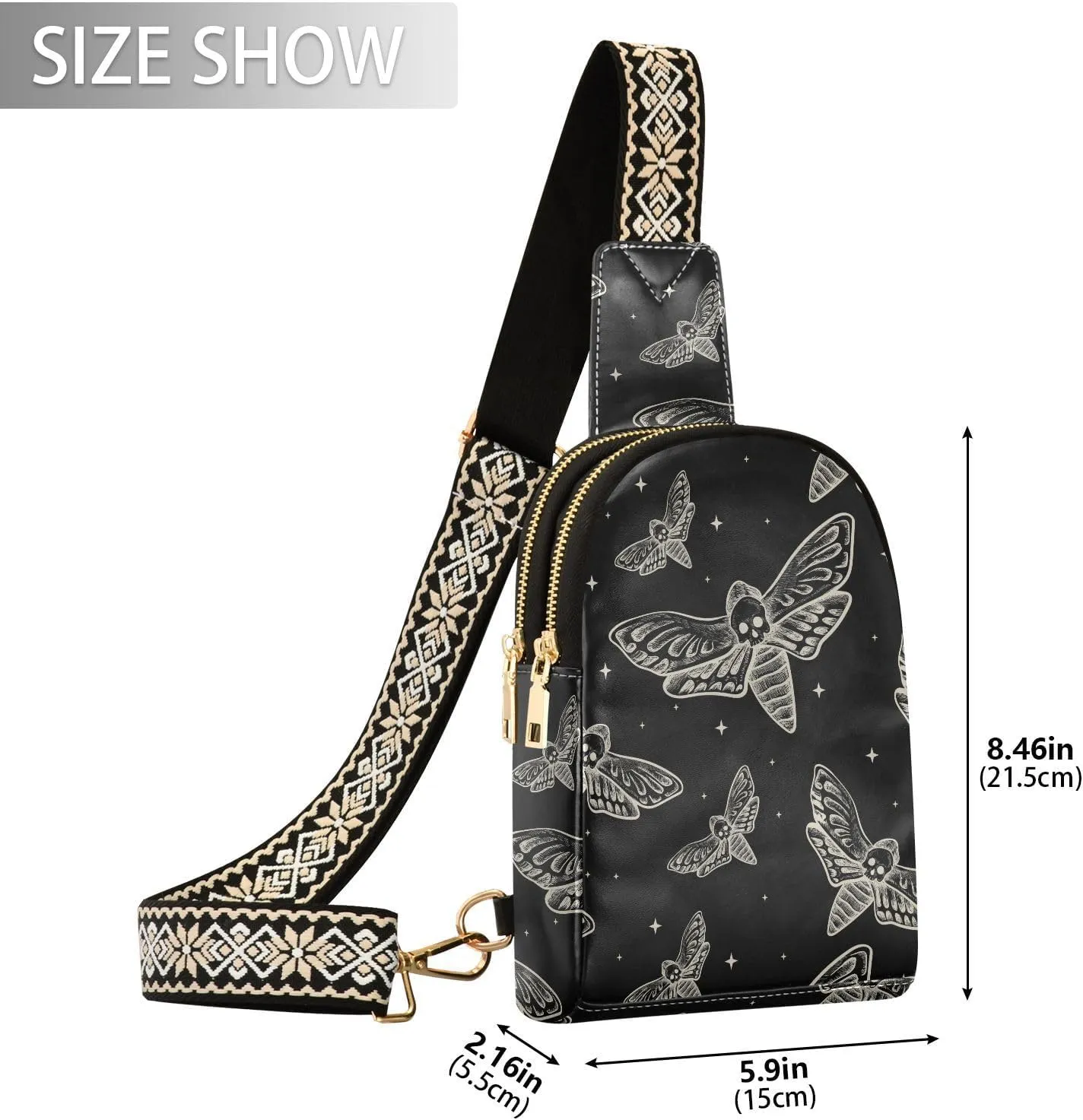 Sling Bag For Women Gothic Skull Butterfly Moth Small Leather Fanny Pack Crossbody Purses for Women Trendy,waterproof Chest Bag With Wide Strap with Adjustable Strap Anti Theft