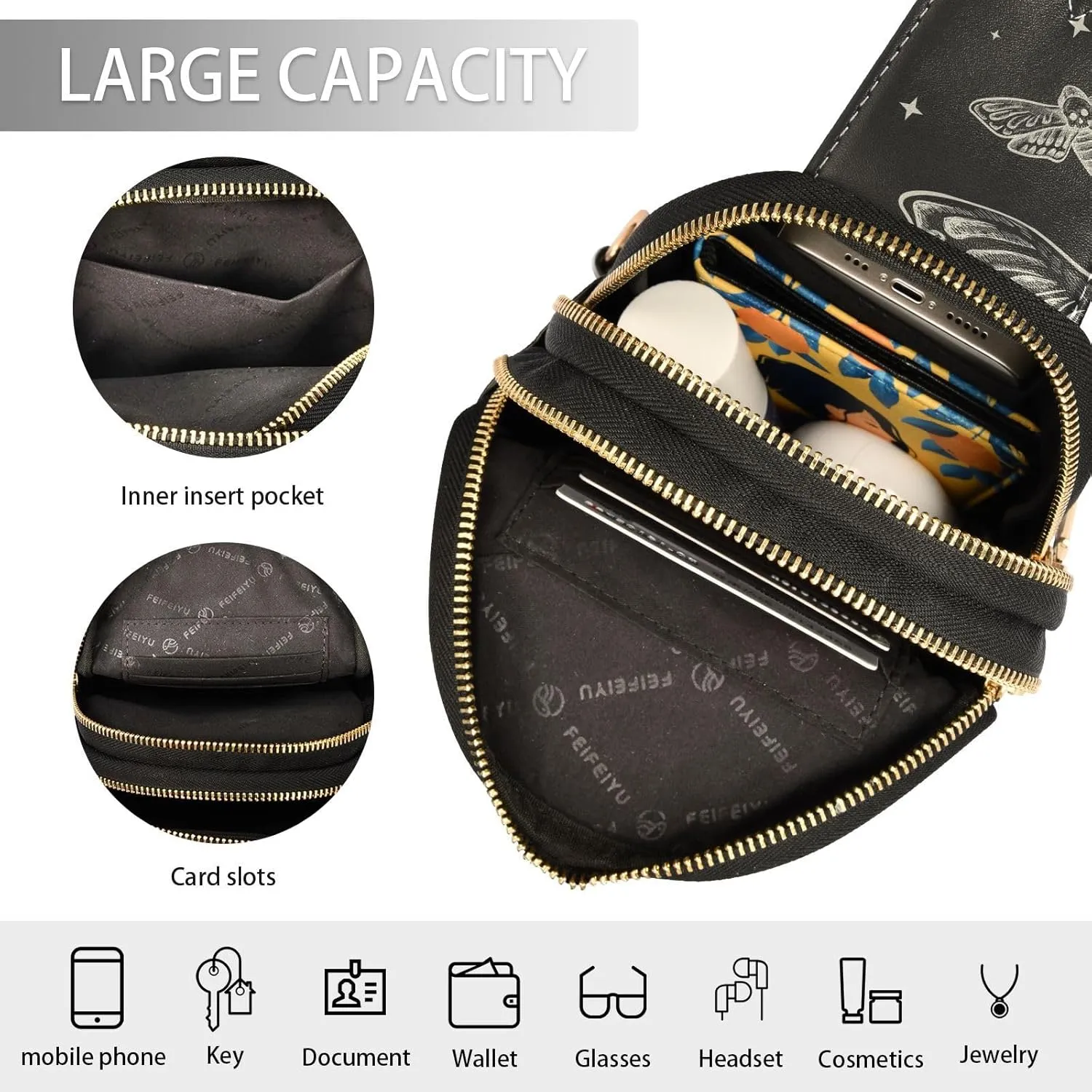 Sling Bag For Women Gothic Skull Butterfly Moth Small Leather Fanny Pack Crossbody Purses for Women Trendy,waterproof Chest Bag With Wide Strap with Adjustable Strap Anti Theft