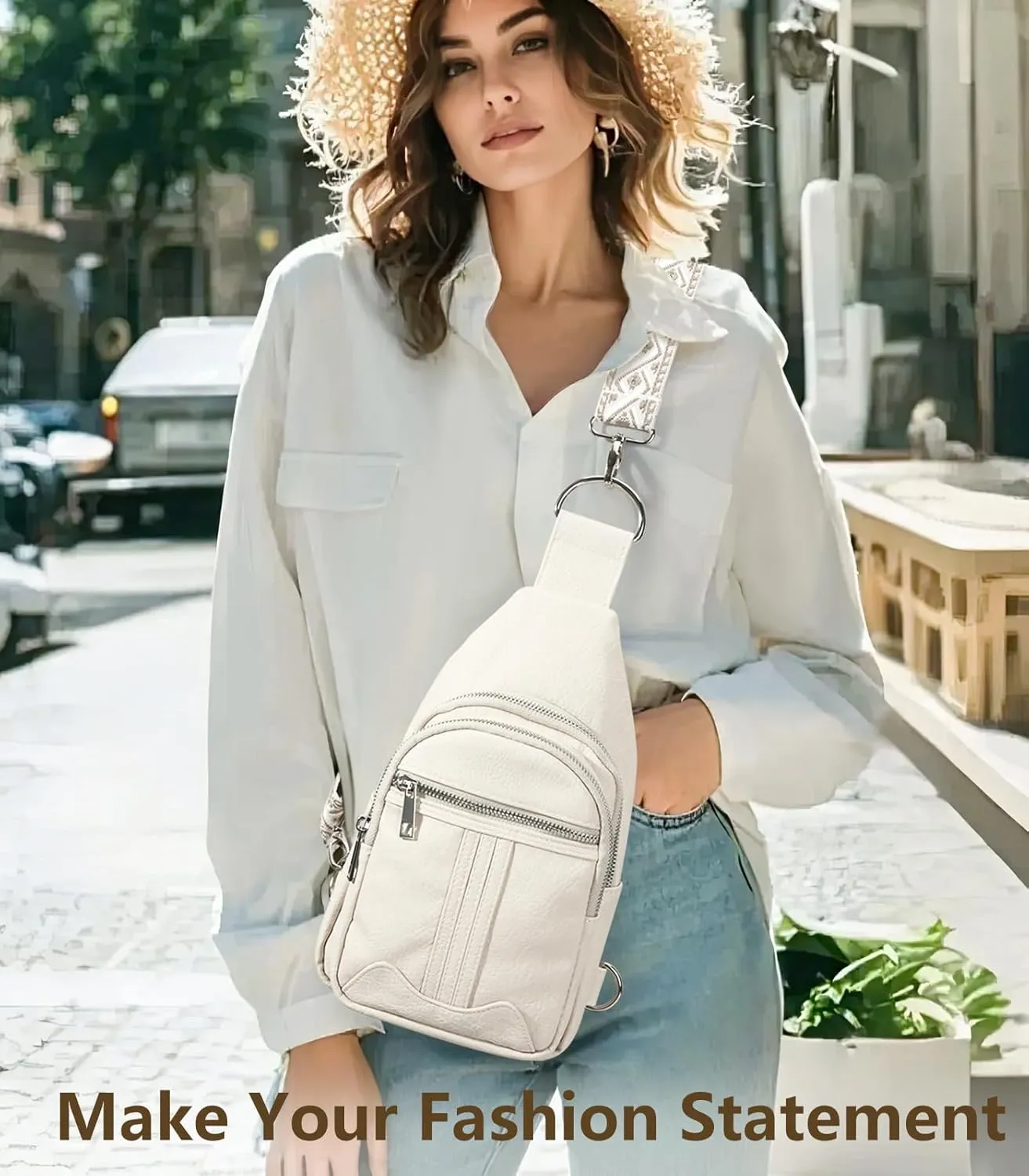 Sling Bag for Women Leather Crossbody Bags Tote Blet Bags Backpack Fanny Pack Chest Bag for Travel, Beige