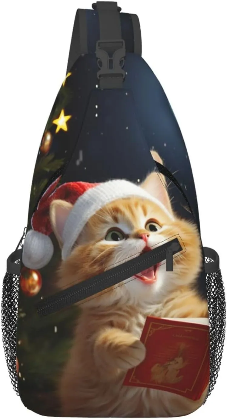 Sling Bag For Women Men Lightweight Waterproof Crossbody Shoulder Backpack Cute Cat Sing Christmas Carols Chest Bags Travel Hiking Casual Daypack