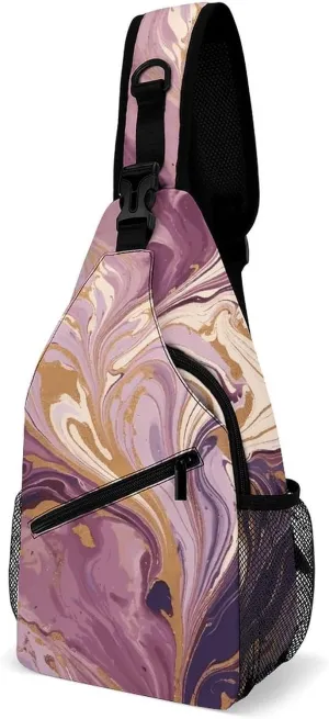 Sling Bags Purple And Gold Marble Chest Bag for Men Women Shoulder Bag for Travel Sport Chest Pack