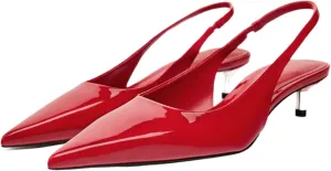 Slingback Kitten Heels for Women Pointed Toe Pumps Metallic Silver Heels