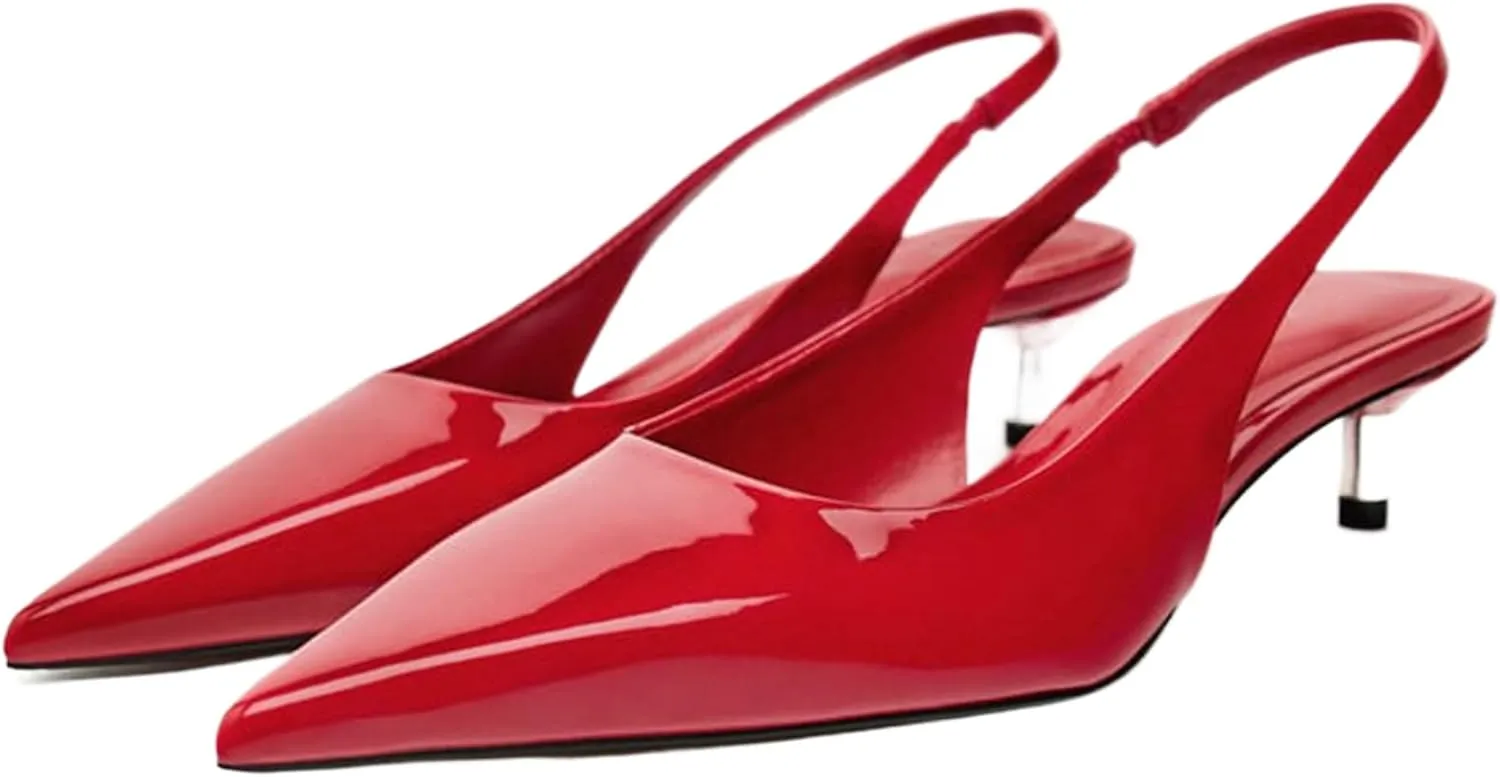 Slingback Kitten Heels for Women Pointed Toe Pumps Metallic Silver Heels