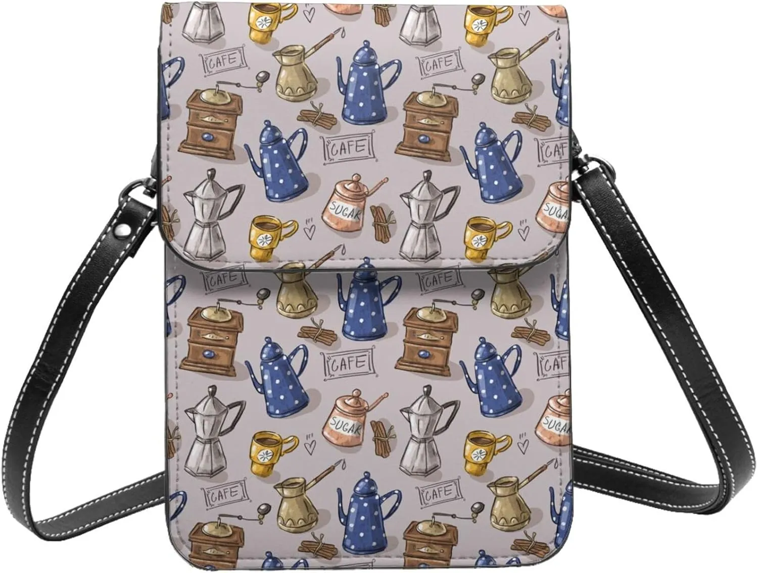 Small Crossbody Bags for Women, Leather Vintage Teapot Coffee Grinder Cell Phone Cross Body Bag Wallet Purses