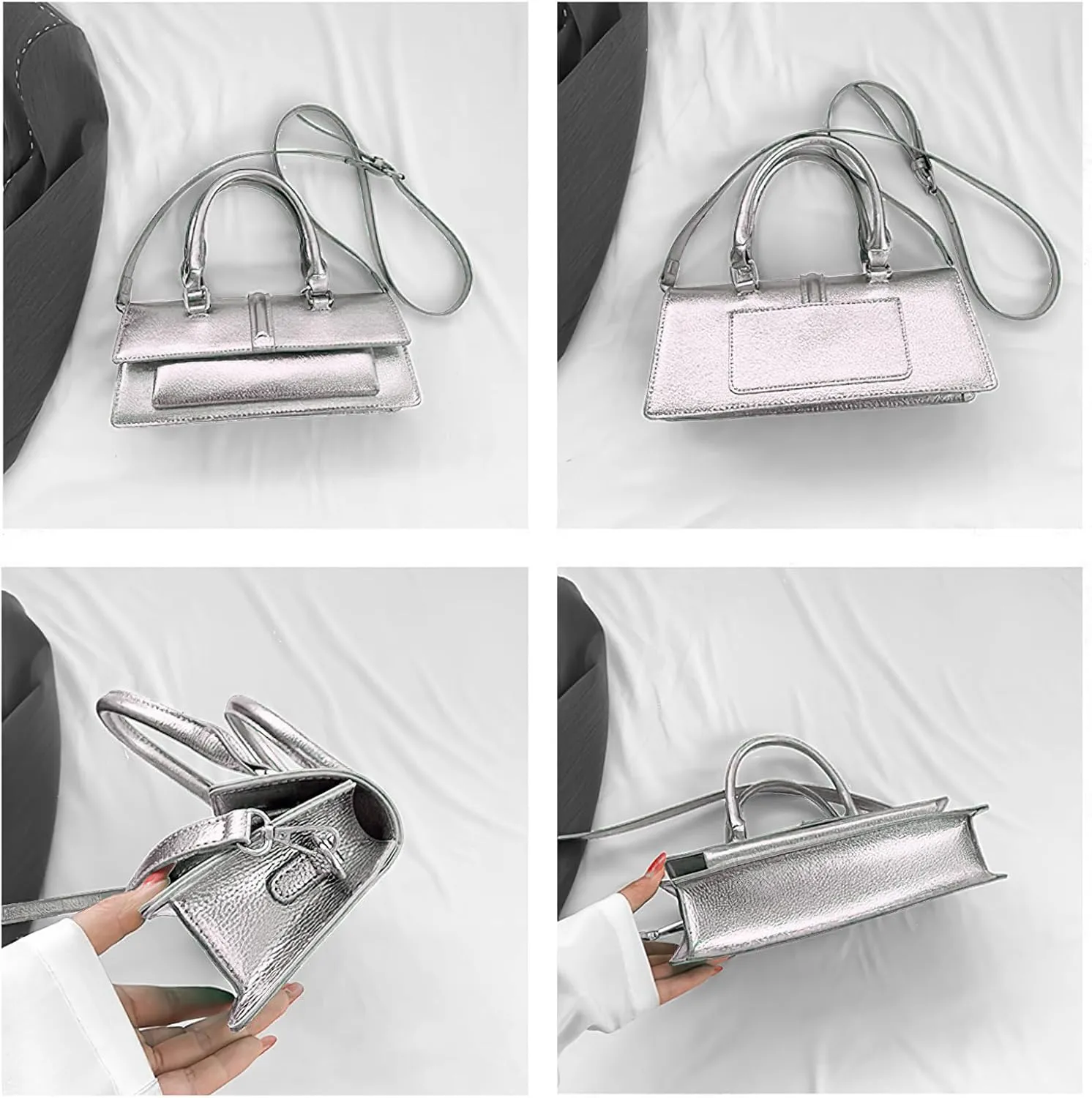 Small Metallic Crossbody Bag Y2K Silver Purse Clutch Bag for Women Cute Top Handle Purse Satchel shoulder Bag