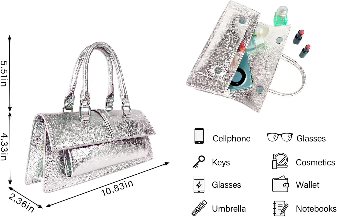 Small Metallic Crossbody Bag Y2K Silver Purse Clutch Bag for Women Cute Top Handle Purse Satchel shoulder Bag