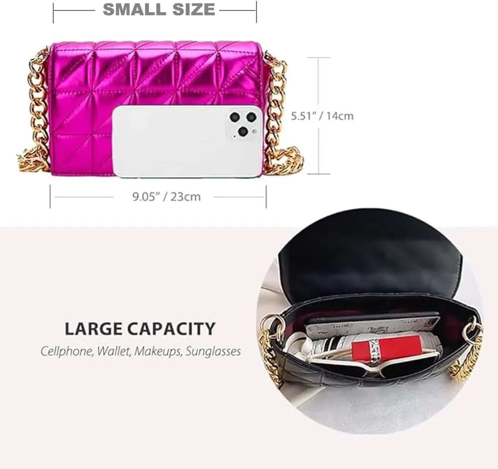Small Metallic Glossy PU Leather Shoulder Bag Clutch Handbags for Women Fashion Chain Ladies Purse