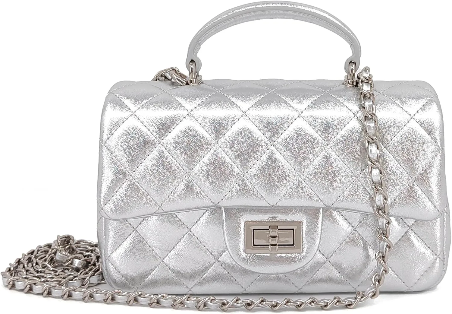 Small Quilted Crossbody Bags for Women, Genuine Leather Shoulder Bag w/Gold Chain Strap, Soft Mini Top Handle Flap Purse