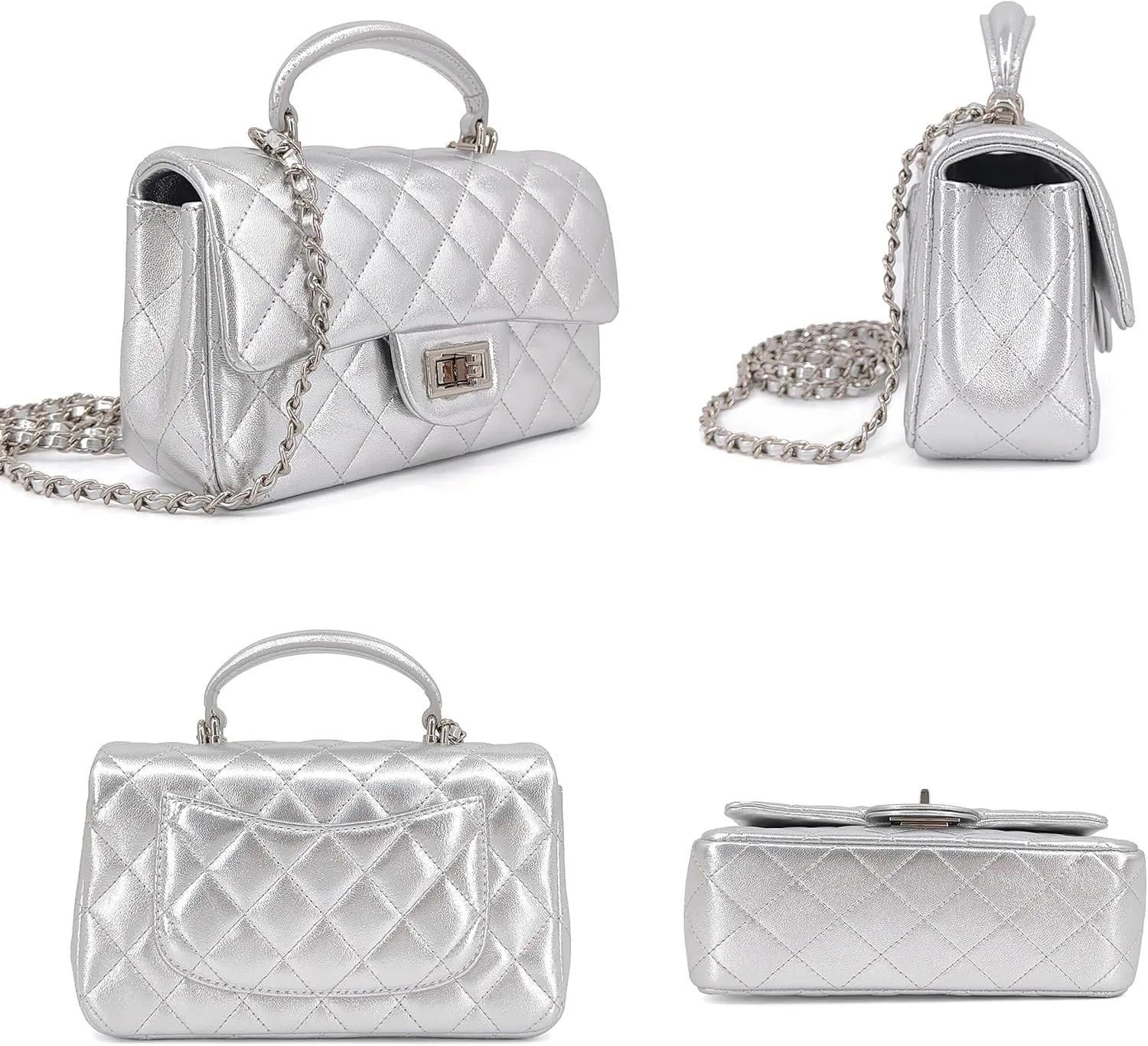 Small Quilted Crossbody Bags for Women, Genuine Leather Shoulder Bag w/Gold Chain Strap, Soft Mini Top Handle Flap Purse