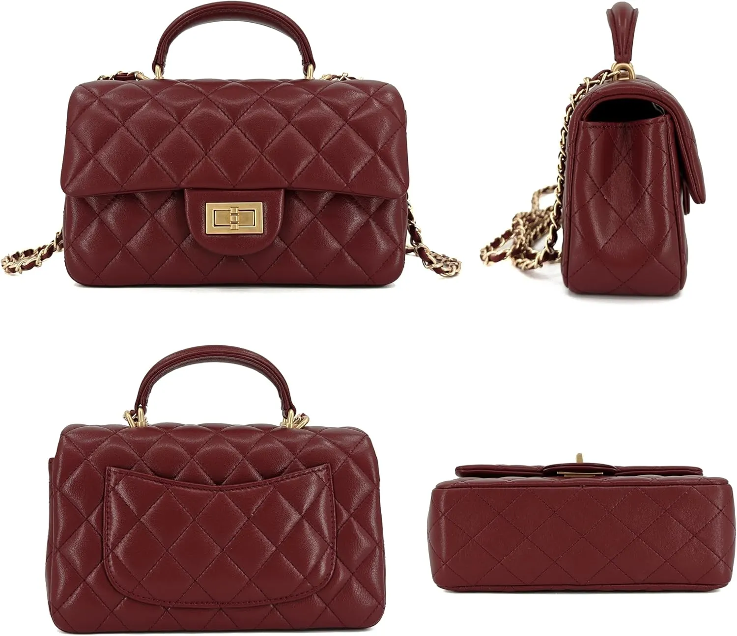 Small Quilted Crossbody Bags for Women, Genuine Leather Shoulder Bag w/Gold Chain Strap, Soft Mini Top Handle Flap Purse