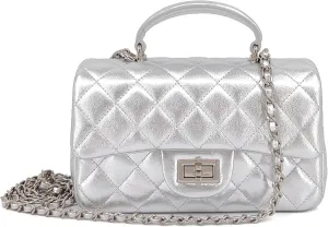 Small Quilted Crossbody Bags for Women, Genuine Leather Shoulder Bag w/Gold Chain Strap, Soft Mini Top Handle Flap Purse