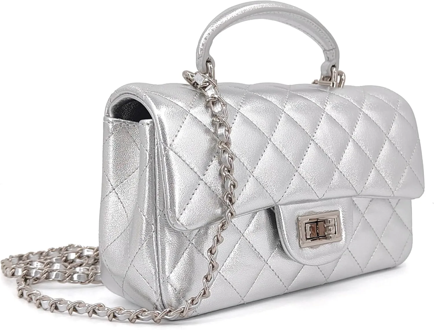 Small Quilted Crossbody Bags for Women, Genuine Leather Shoulder Bag w/Gold Chain Strap, Soft Mini Top Handle Flap Purse