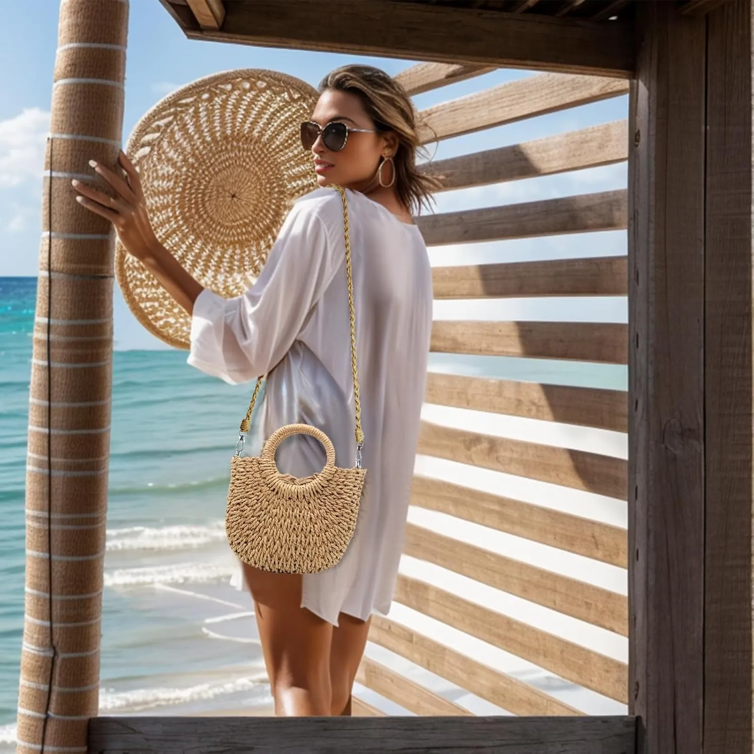 Small Straw Tote Bag for Women,Summer Beach Crossbody Shoulder Handbag,Hand-woven Rattan Clutch Purse for Vacation
