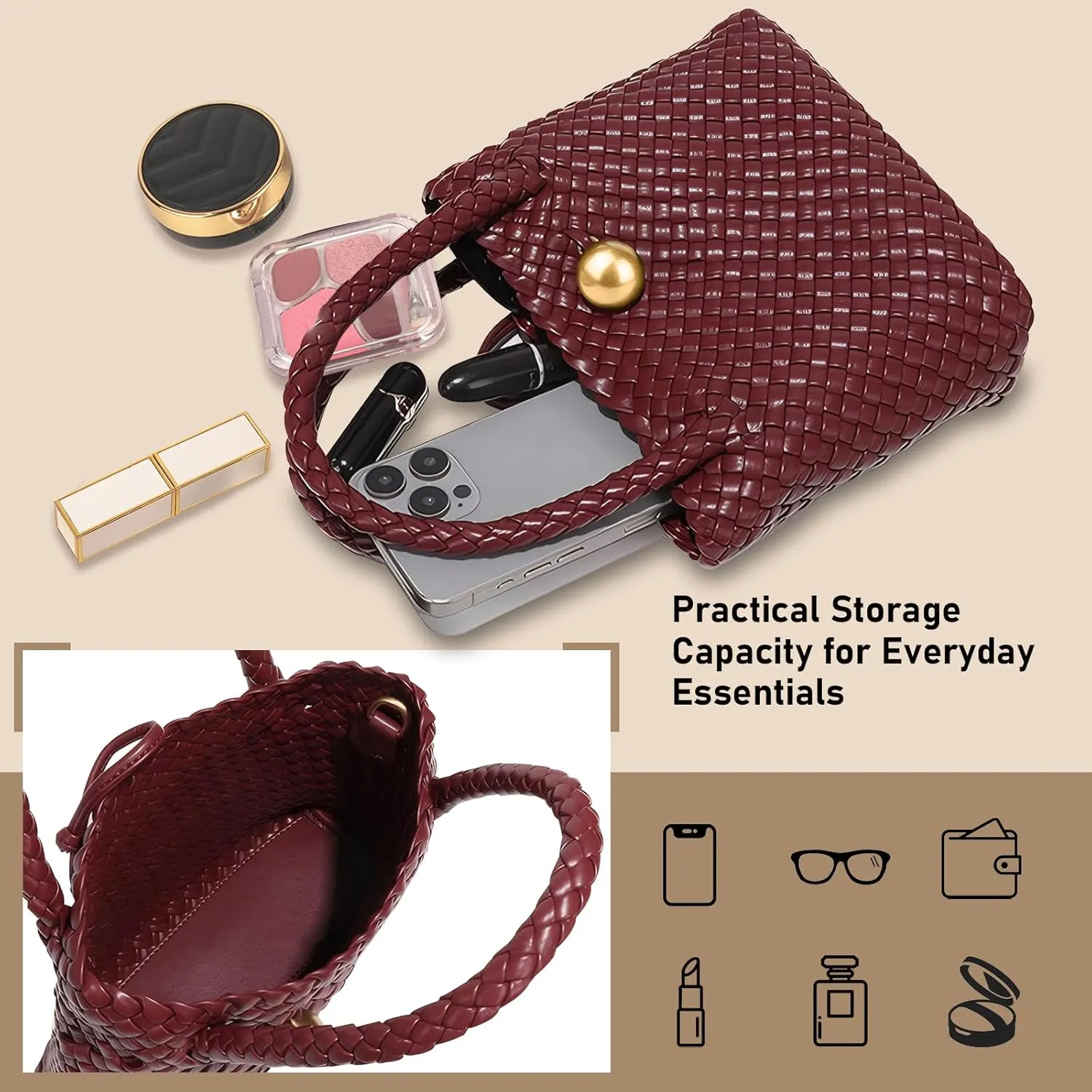 Small Woven Handbag Vegan Leather Top Luxurious Soft Shoulder Crossbody Bag Purse for Women