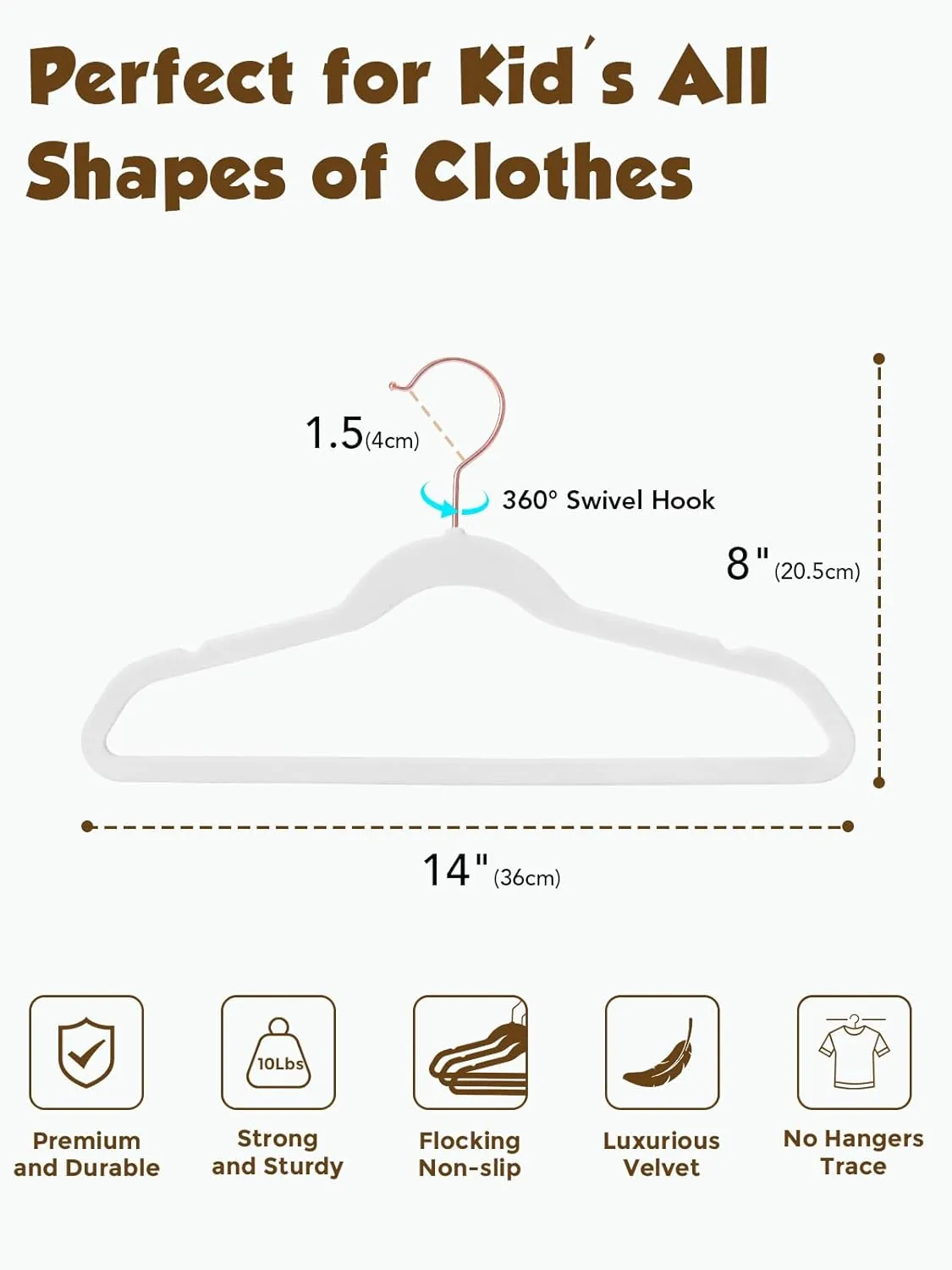 Smartor Kids Velvet Hangers 50 Pack, 14'' Inch Premium Non Slip Kids Felt Hangers for Closet, Space Saving Toddler Clothes Hanger for Youth's Childrens' Clothes (Rose Gold Hook)- White