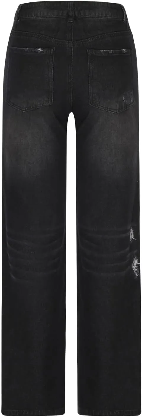 SMIDOW Women Stacked Pants Ripped Jeans Boyfriend Distressed Baggy Cargo Straight Leg Pants