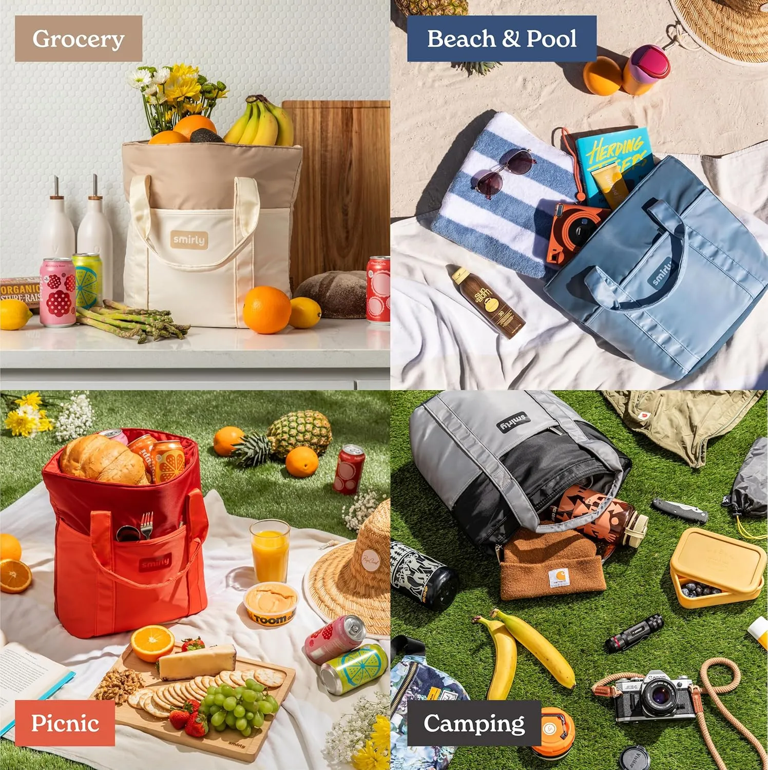 SMIRLY Large Insulated Cooler Bag, Thermal Insulated Grocery Bags, Collapsible Cooler Tote for Travel,Beach or Picnic