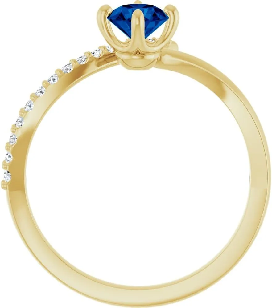Solid 14k Yellow Gold Blue Sapphire and 1/10 Cttw Diamond Bypass Ring Band (.10 Cttw) (Width = 11.2mm)