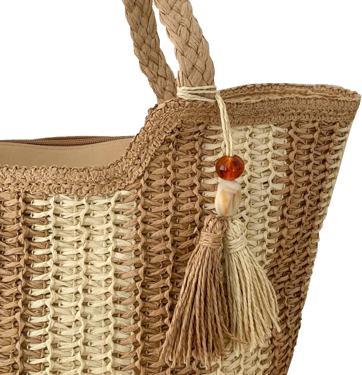 Straw Bag Beach Tote Handbag for Women Large Summer Woven Raffia Bag with Zipper