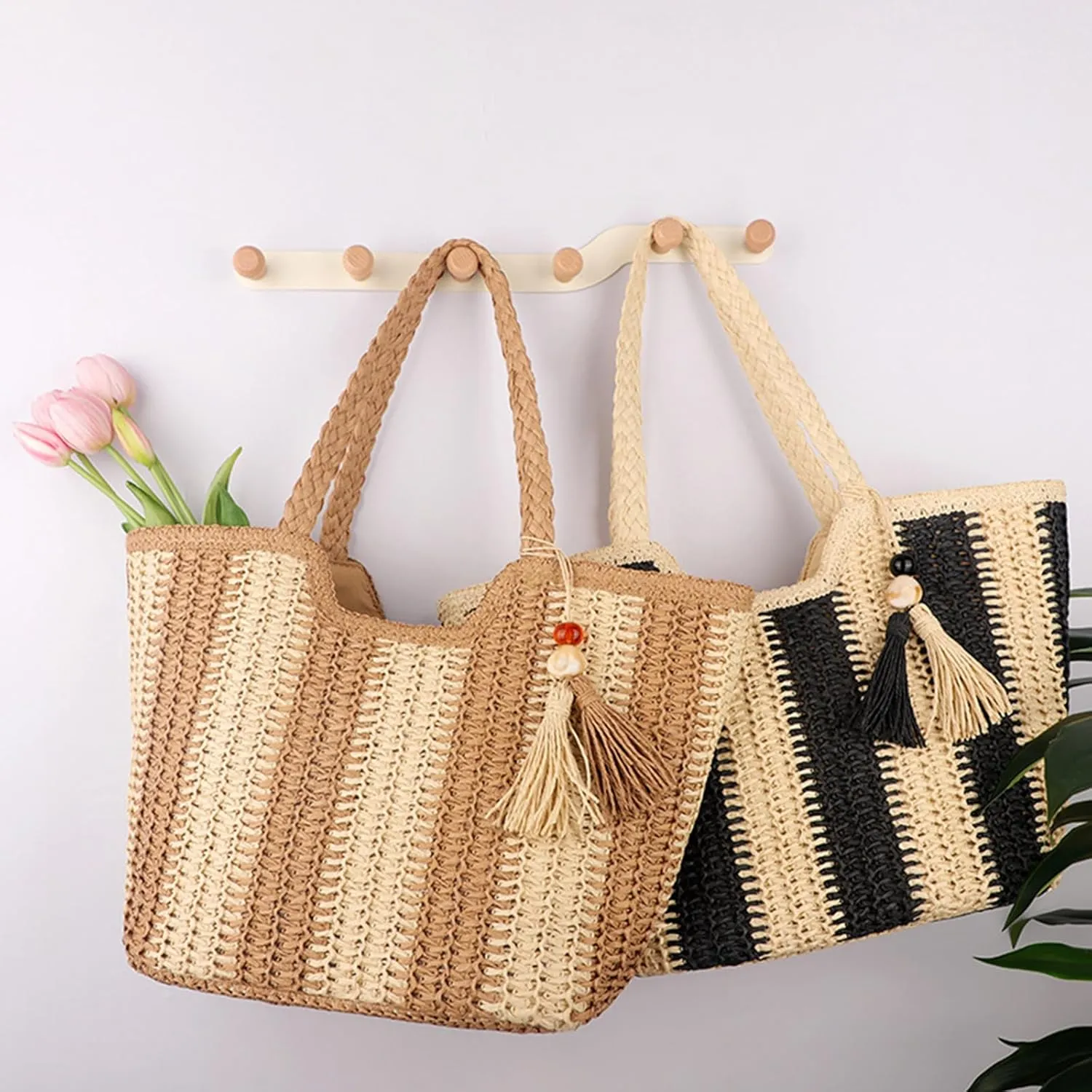 Straw Bag Beach Tote Handbag for Women Large Summer Woven Raffia Bag with Zipper