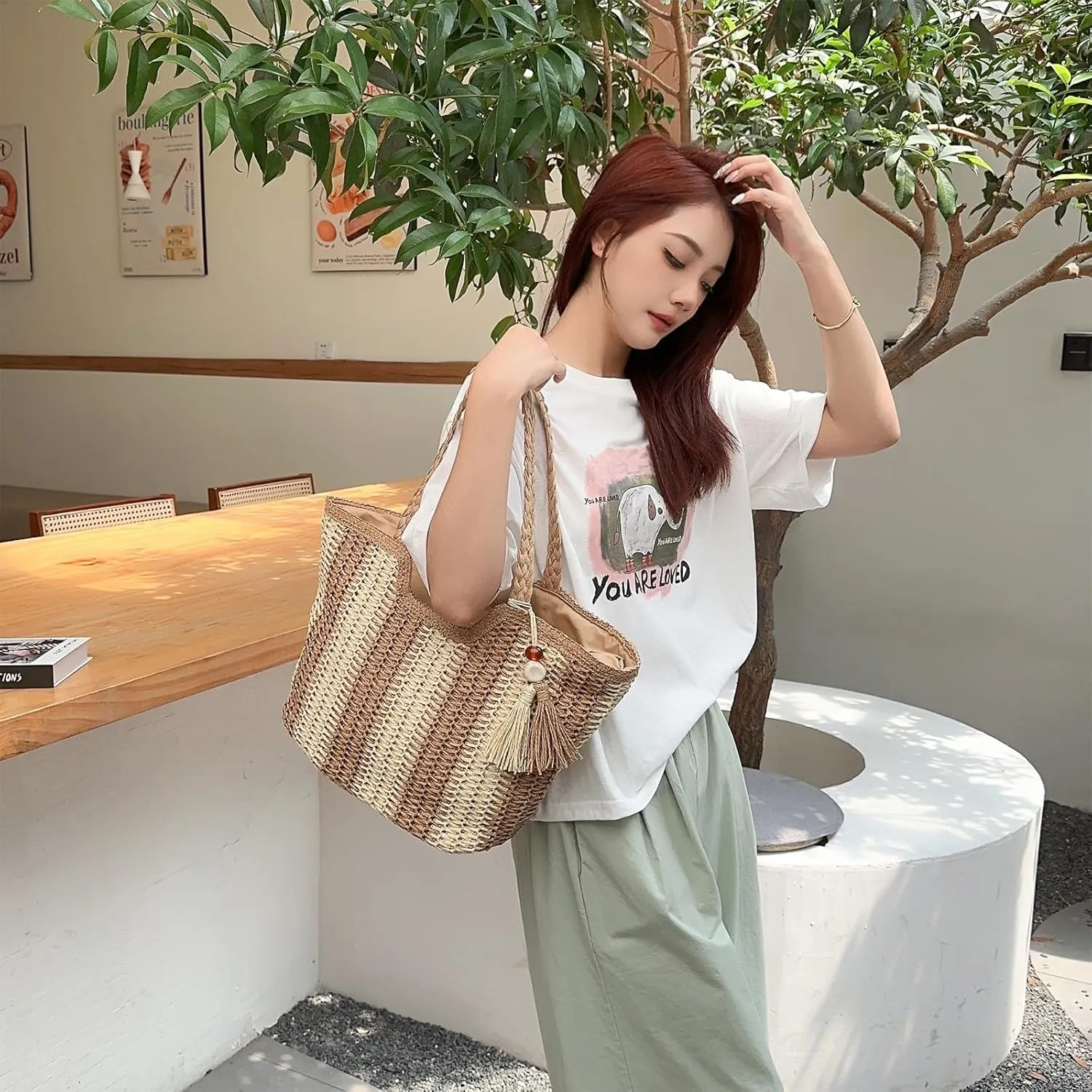 Straw Bag Beach Tote Handbag for Women Large Summer Woven Raffia Bag with Zipper