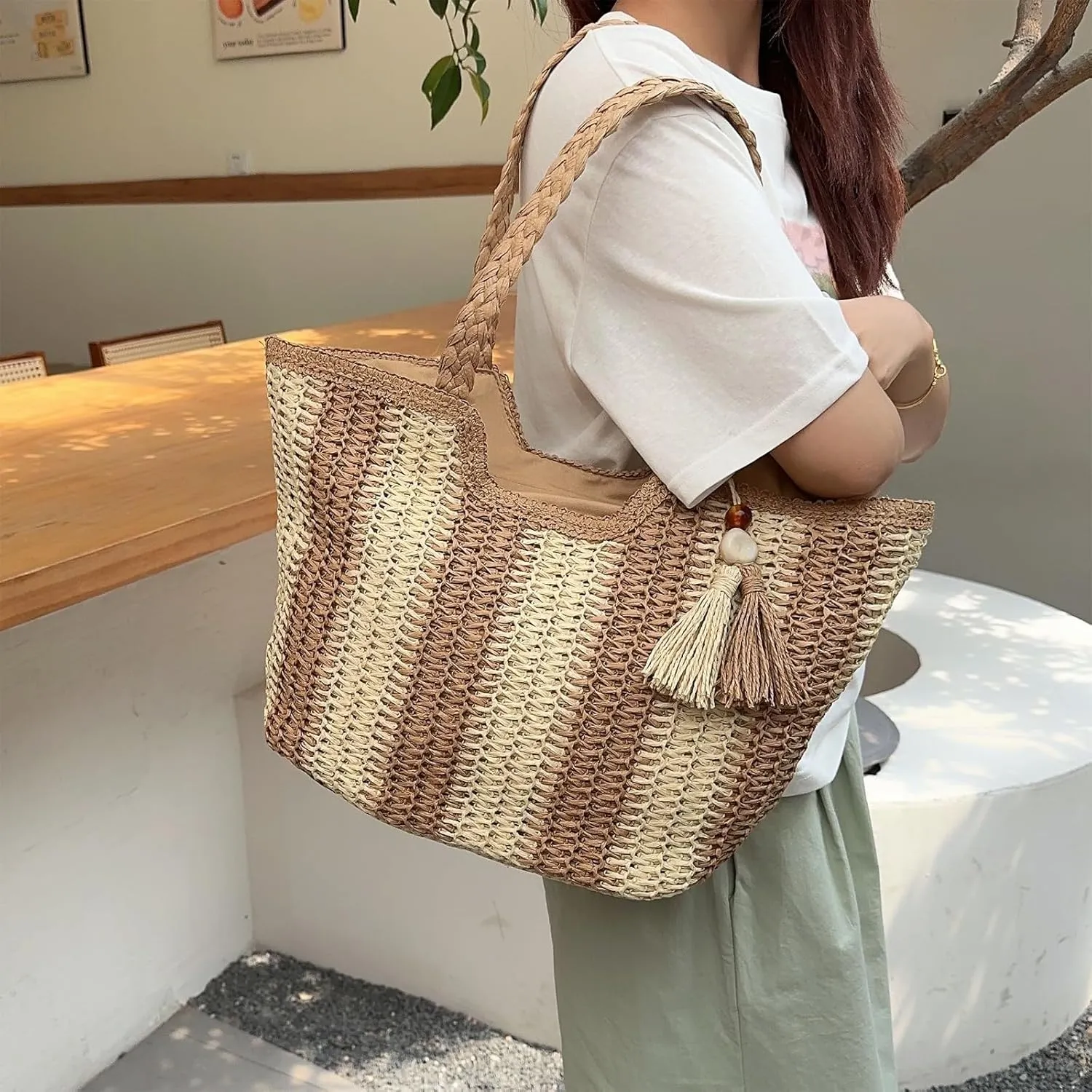 Straw Bag Beach Tote Handbag for Women Large Summer Woven Raffia Bag with Zipper
