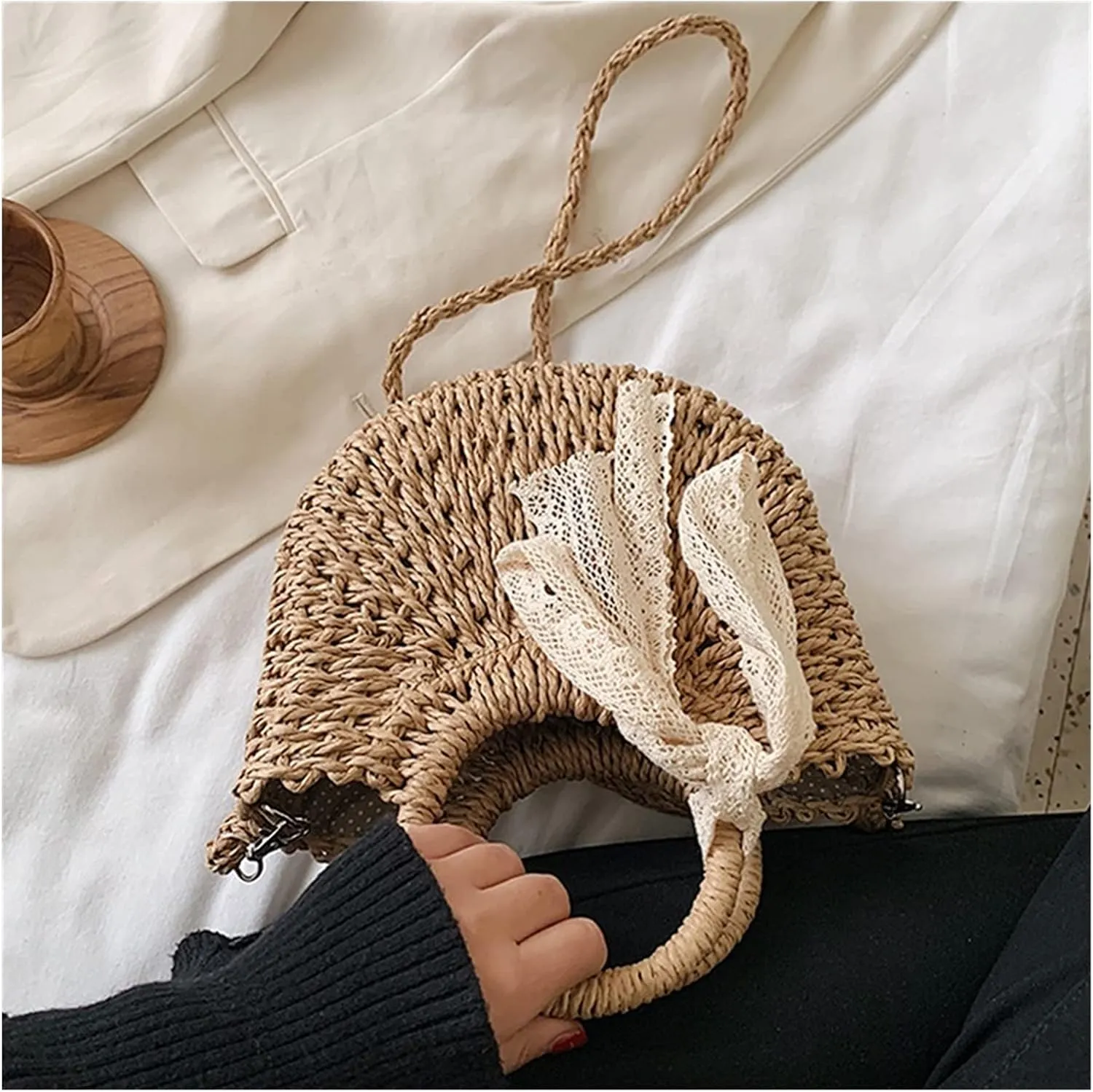 Straw Bag Women Hand-Woven Handbag Moon Shape Lace Bow Rattan Bag Big Capacity Drawstring Casual Beach Shoulder Crossbody Bag (A 19X8.5X23Cm)