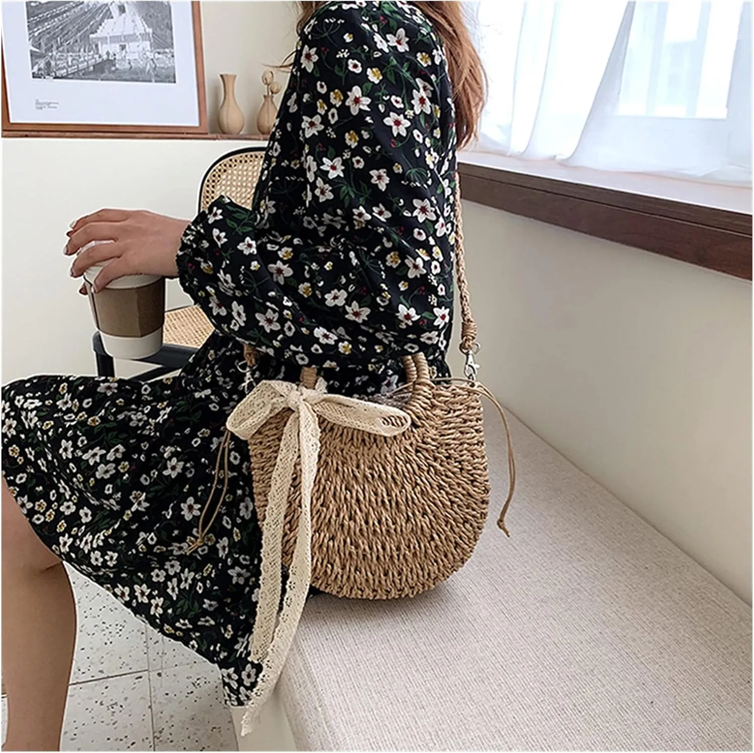Straw Bag Women Hand-Woven Handbag Moon Shape Lace Bow Rattan Bag Big Capacity Drawstring Casual Beach Shoulder Crossbody Bag (A 19X8.5X23Cm)