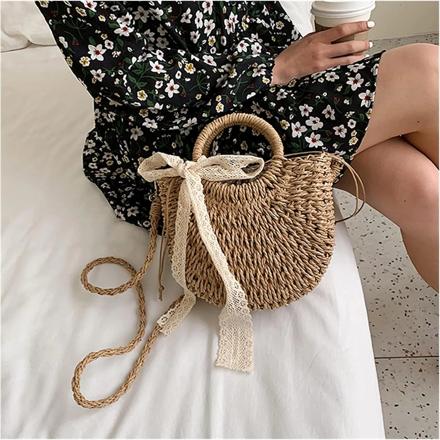 Straw Bag Women Hand-Woven Handbag Moon Shape Lace Bow Rattan Bag Big Capacity Drawstring Casual Beach Shoulder Crossbody Bag (A 19X8.5X23Cm)