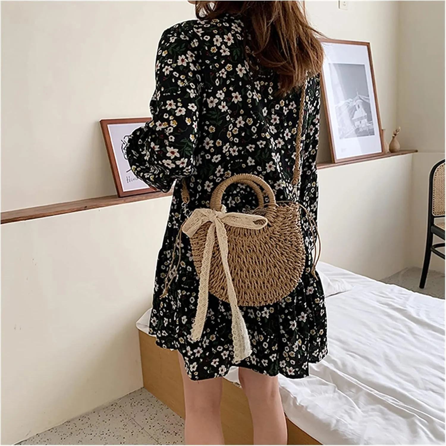 Straw Bag Women Hand-Woven Handbag Moon Shape Lace Bow Rattan Bag Big Capacity Drawstring Casual Beach Shoulder Crossbody Bag (A 19X8.5X23Cm)