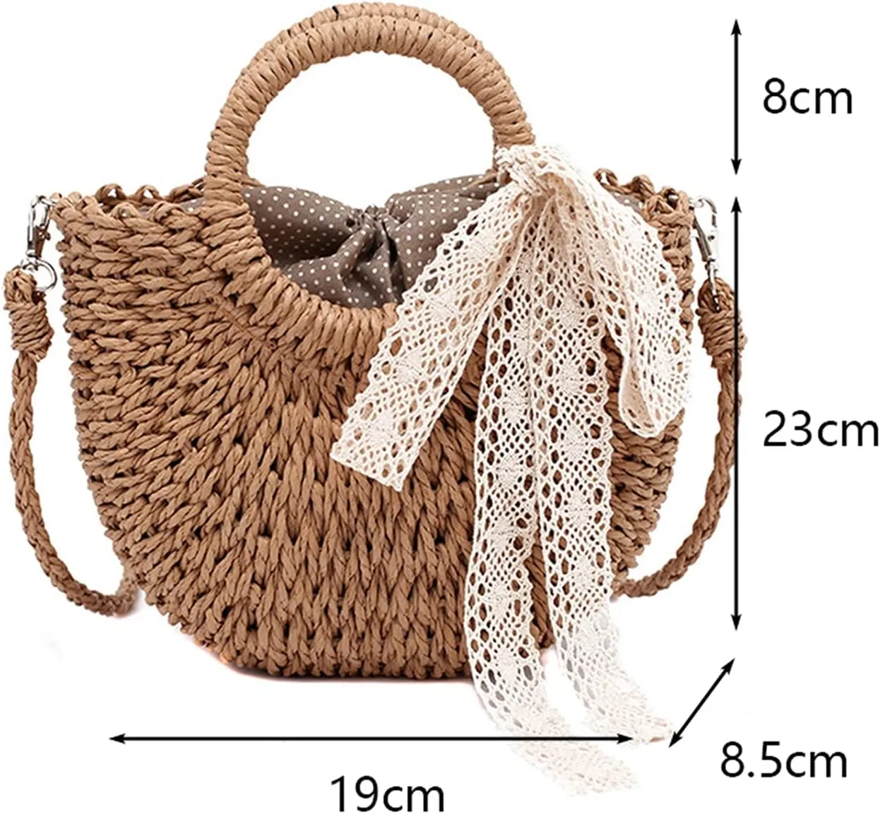 Straw Bag Women Hand-Woven Handbag Moon Shape Lace Bow Rattan Bag Big Capacity Drawstring Casual Beach Shoulder Crossbody Bag (A 19X8.5X23Cm)