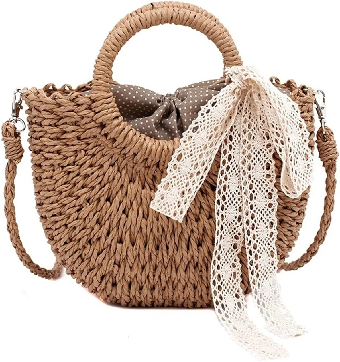 Straw Bag Women Hand-Woven Handbag Moon Shape Lace Bow Rattan Bag Big Capacity Drawstring Casual Beach Shoulder Crossbody Bag (A 19X8.5X23Cm)