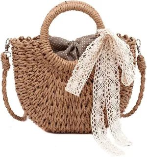 Straw Bag Women Hand-Woven Handbag Moon Shape Lace Bow Rattan Bag Big Capacity Drawstring Casual Beach Shoulder Crossbody Bag (A 19X8.5X23Cm)