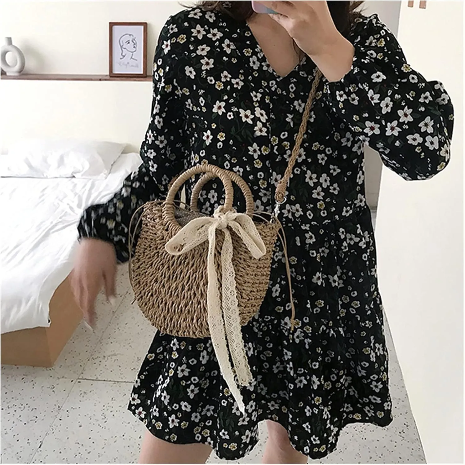 Straw Bag Women Hand-Woven Handbag Moon Shape Lace Bow Rattan Bag Big Capacity Drawstring Casual Beach Shoulder Crossbody Bag (A 19X8.5X23Cm)