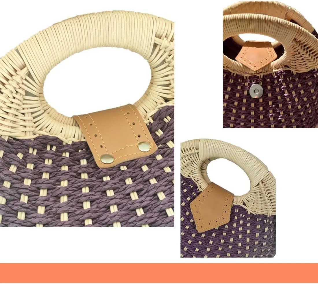 Straw Bags for Women,Hand-woven Straw Shell Bag Handle Ring Tote Retro Summer Beach Rattan bag.