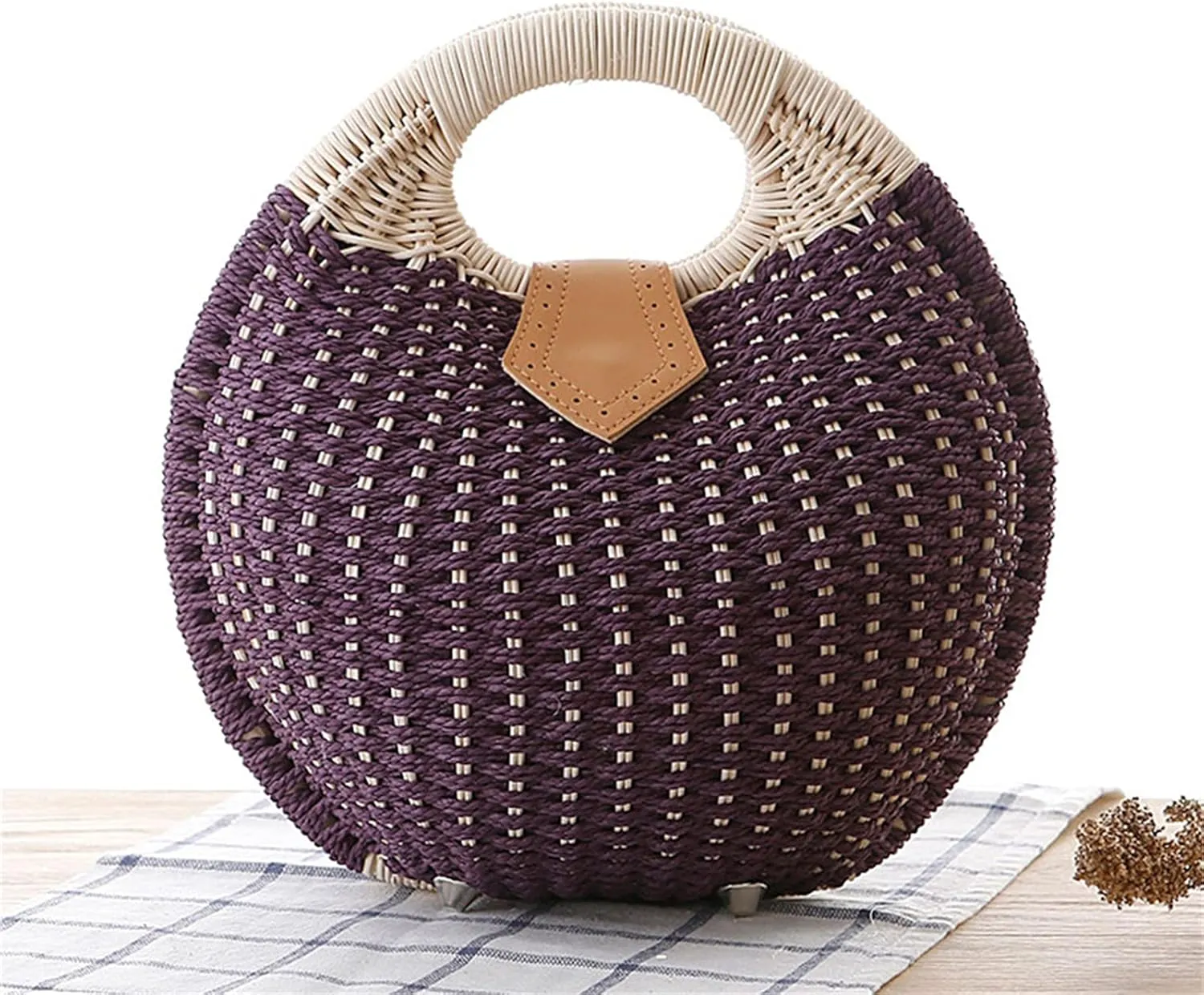 Straw Bags for Women,Hand-woven Straw Shell Bag Handle Ring Tote Retro Summer Beach Rattan bag.