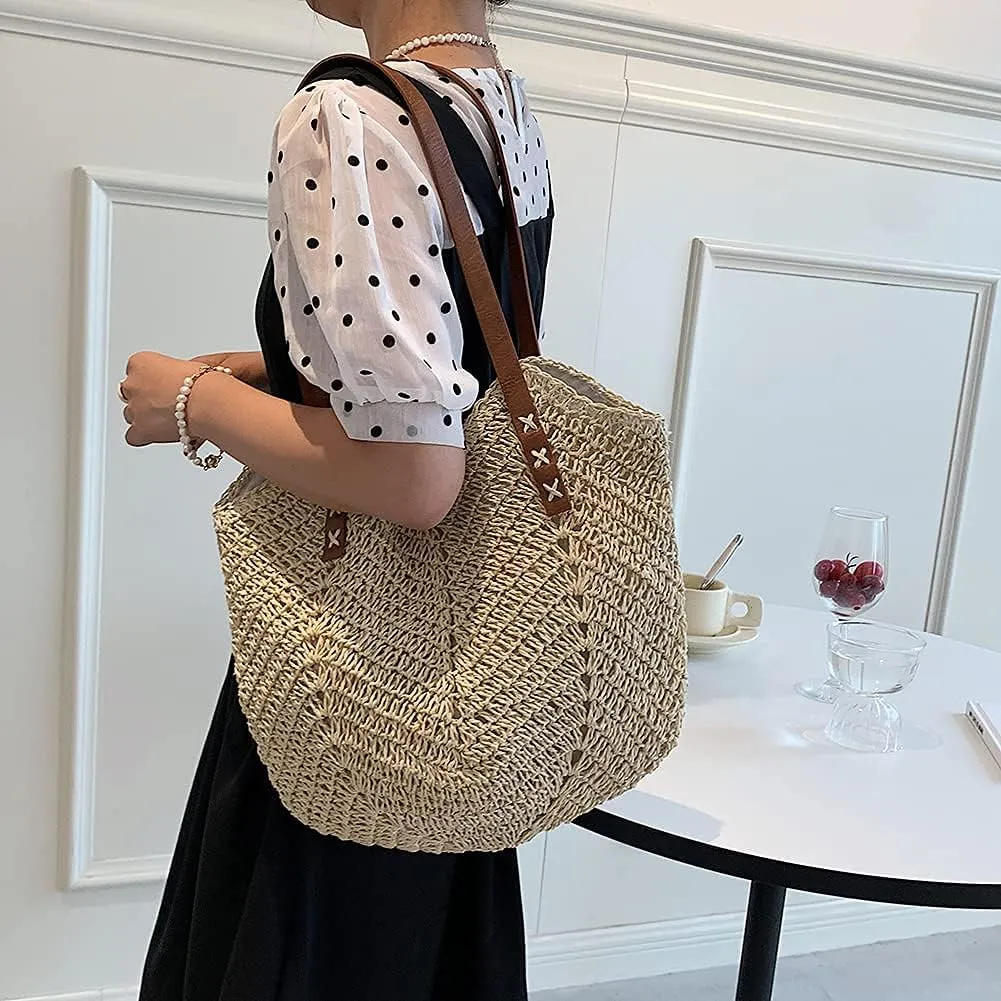 Straw Beach Bag with Zipper Large Woven Summer Boho Tote Handbag Rattan Wicker Purse for Shopping Summer Vacation