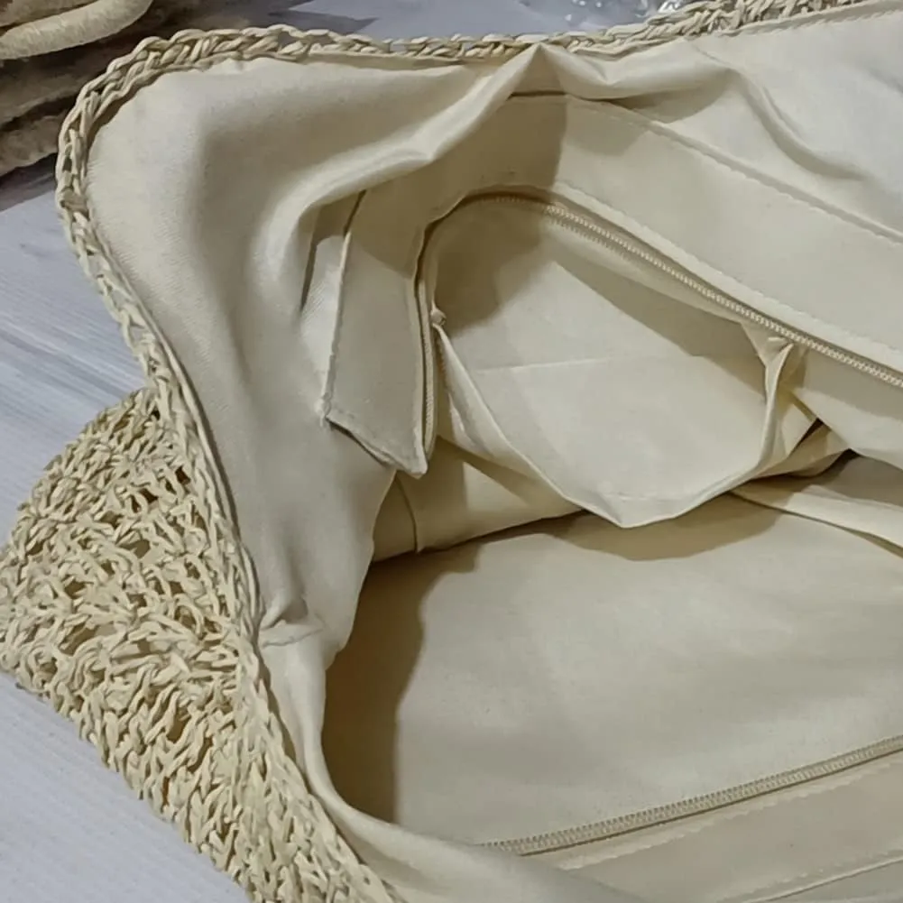 Straw Beach Bag with Zipper Large Woven Summer Boho Tote Handbag Rattan Wicker Purse for Shopping Summer Vacation